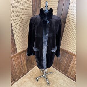 DYED BLACK SHEARED & LONG HAIRED MINK TRIM REVERSIBLE TAFFETA FUR COAT JACKET